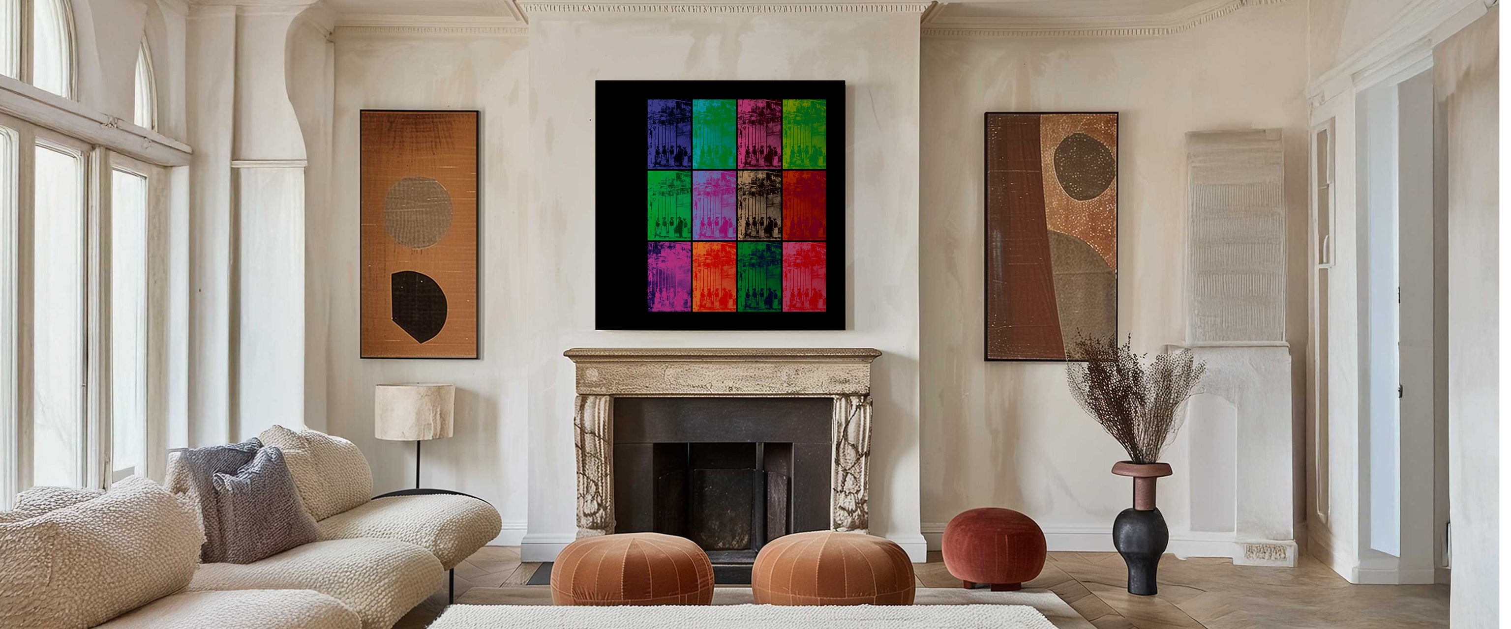 Ædificatores Futuri canvas print on white background featuring construction workers across a grid of twelve chromatic panels, hanging above armchair in modern living room.