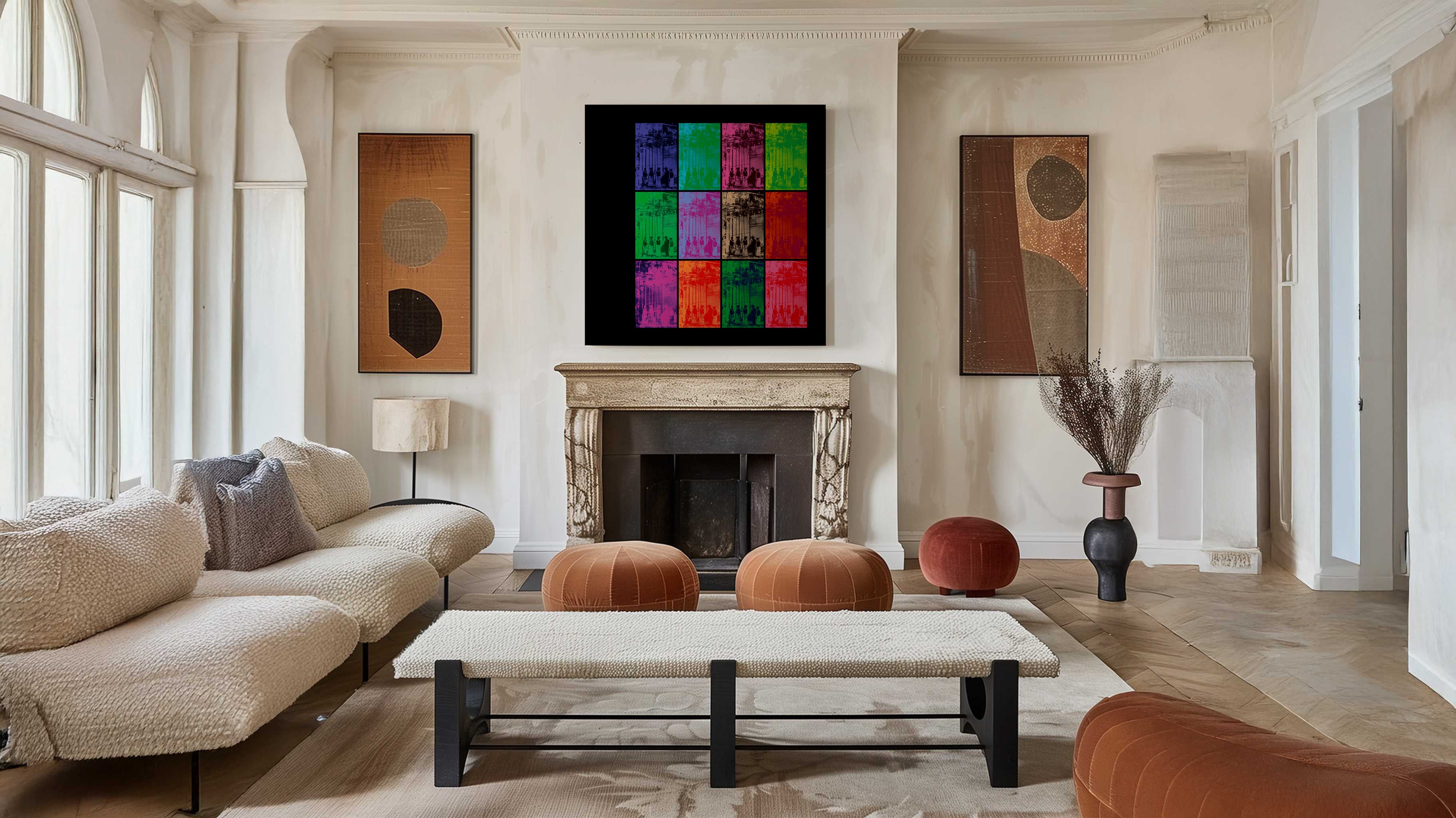 Ædificatores Futuri canvas print on white background featuring construction workers across a grid of twelve chromatic panels, hanging above armchair in modern living room.