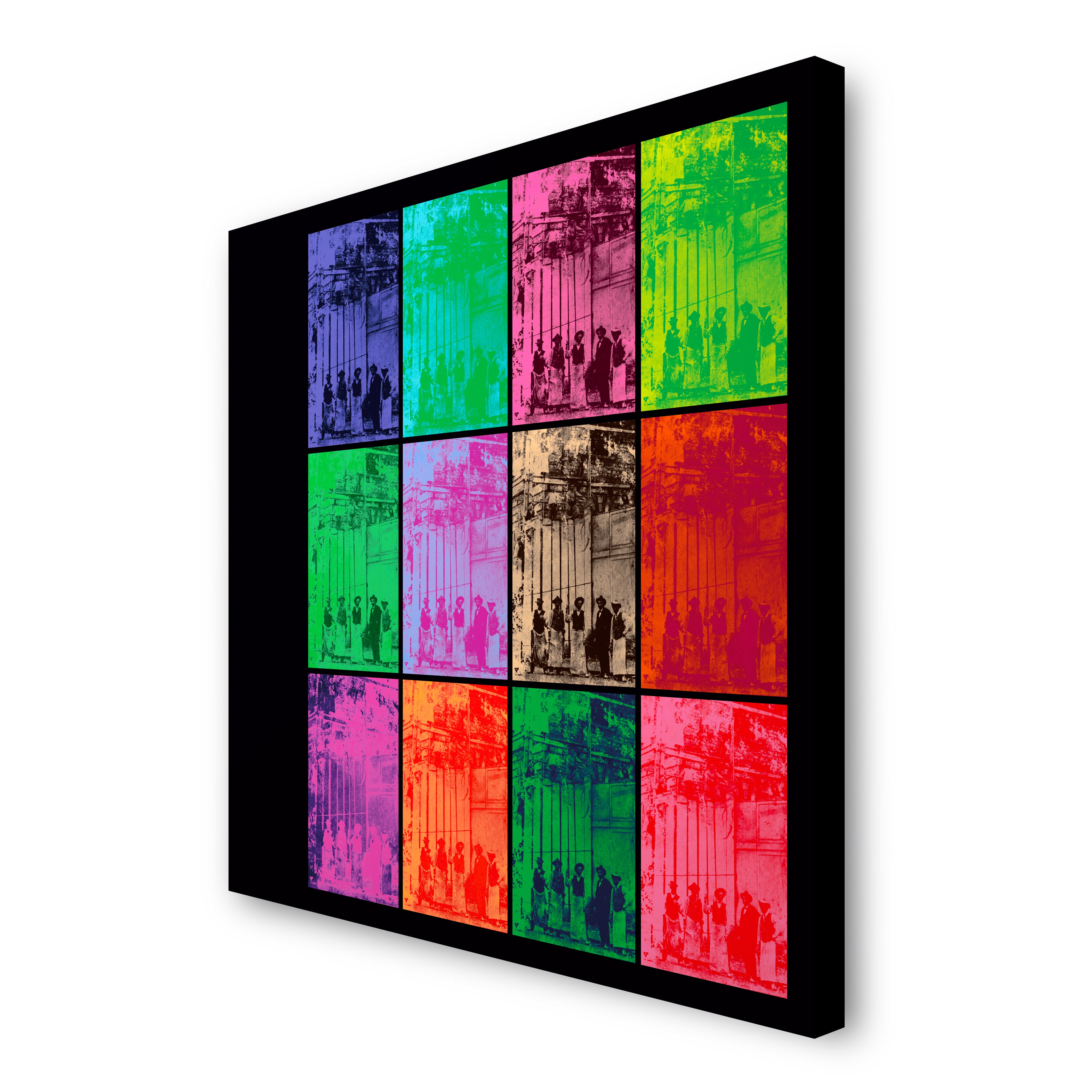 Ædificatores Futuri canvas print on white background featuring construction workers across a grid of twelve chromatic panels, side view showing edges and depth.