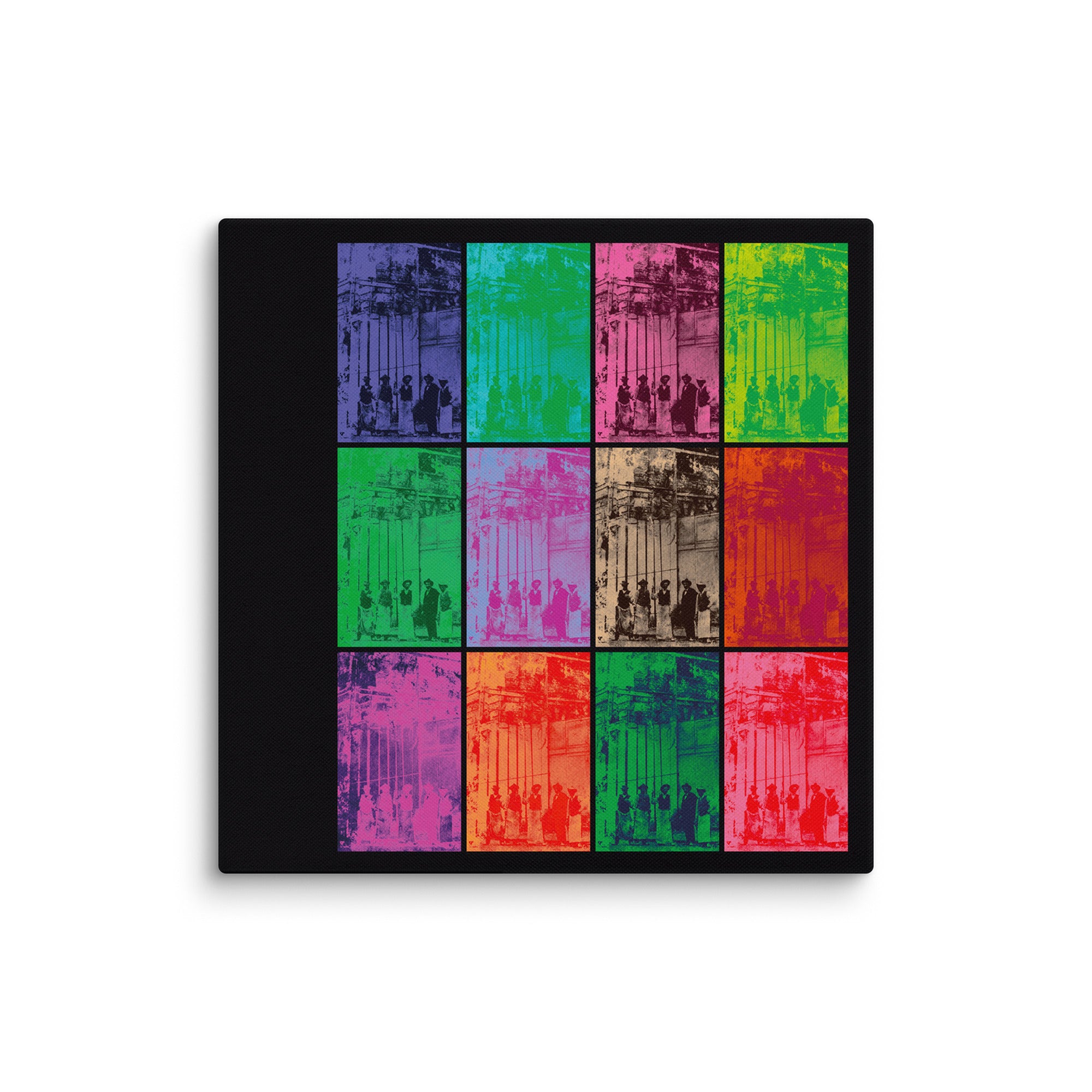 Ædificatores Futuri canvas print on white background featuring construction workers across a grid of twelve chromatic panels, front view.