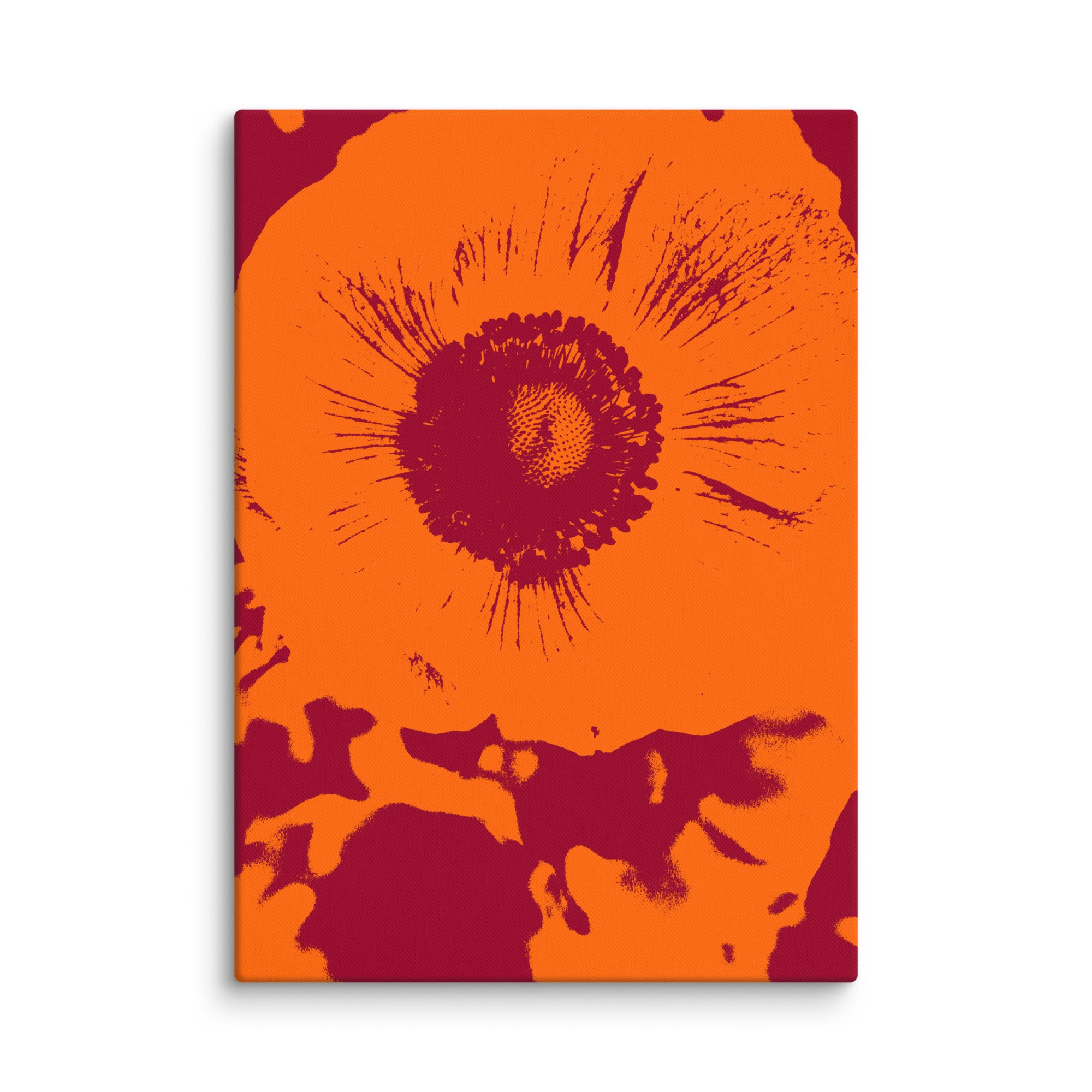 Euanemona canvas print on white background featuring a negative orange windflower with red shades, front view.