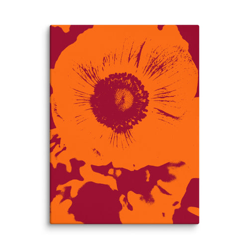 Euanemona canvas print on white background featuring a negative orange windflower with red shades, front view.