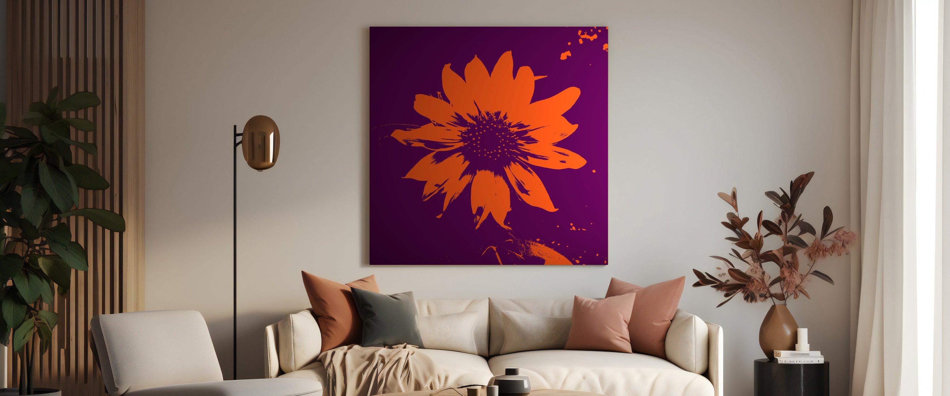 Helianthus canvas print featuring an orange sunflower on purple background, hanging above sofa in modern living room.