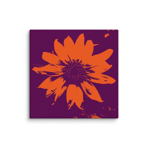 Helianthus canvas print on white background featuring an orange sunflower on purple background, front view.