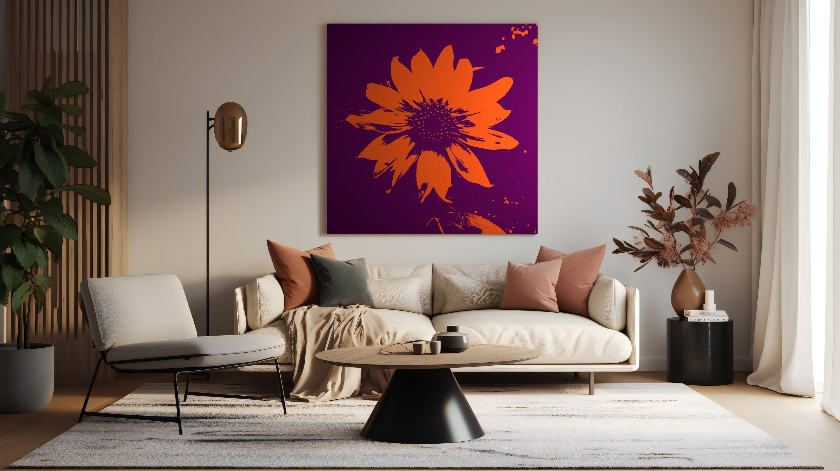 Helianthus canvas print featuring an orange sunflower on purple background, hanging above sofa in modern living room.