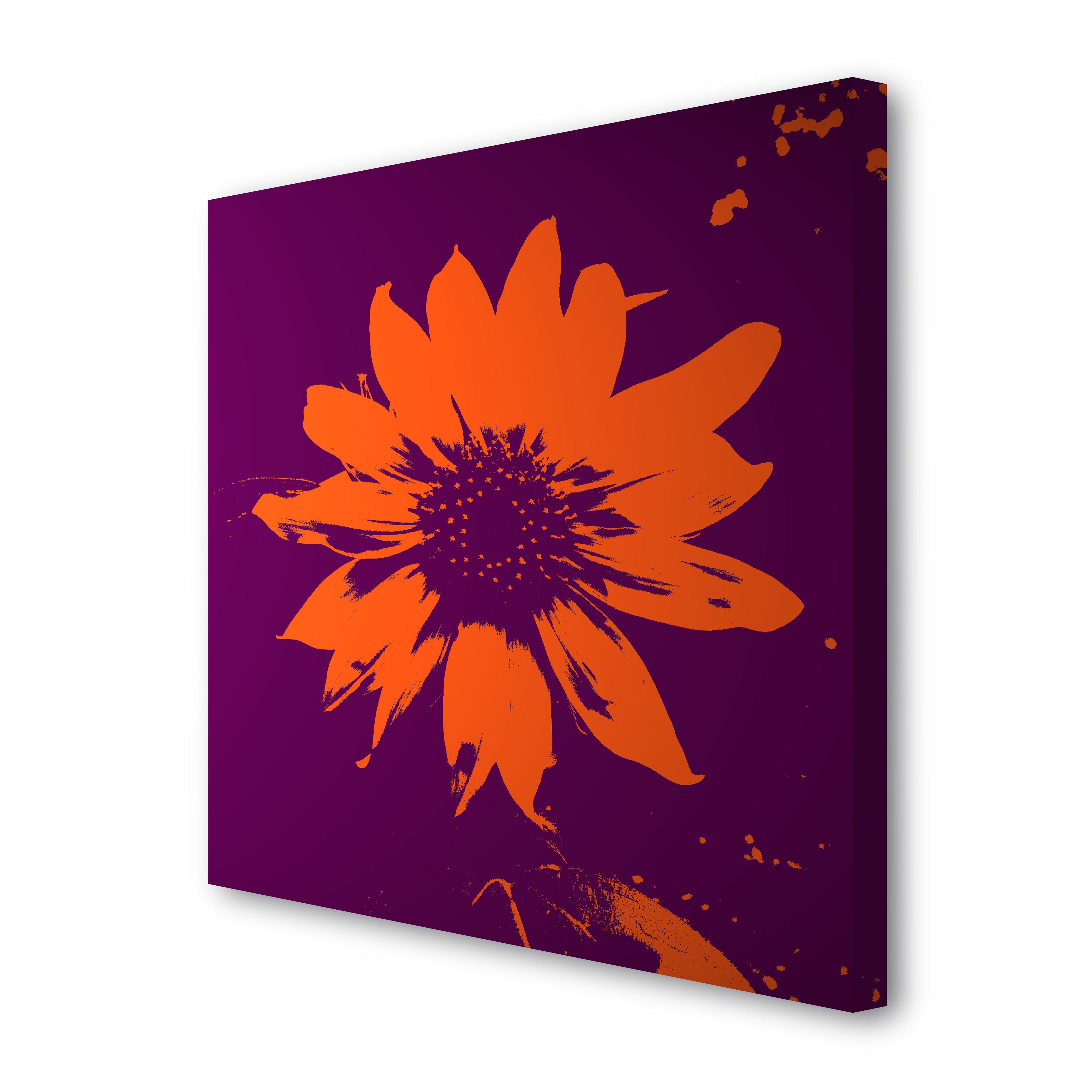 Helianthus canvas print on white background featuring an orange sunflower on purple background, side view showing edges and depth.
