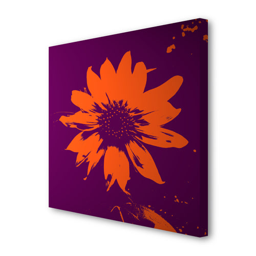 Helianthus canvas print on white background featuring an orange sunflower on purple background, side view showing edges and depth.