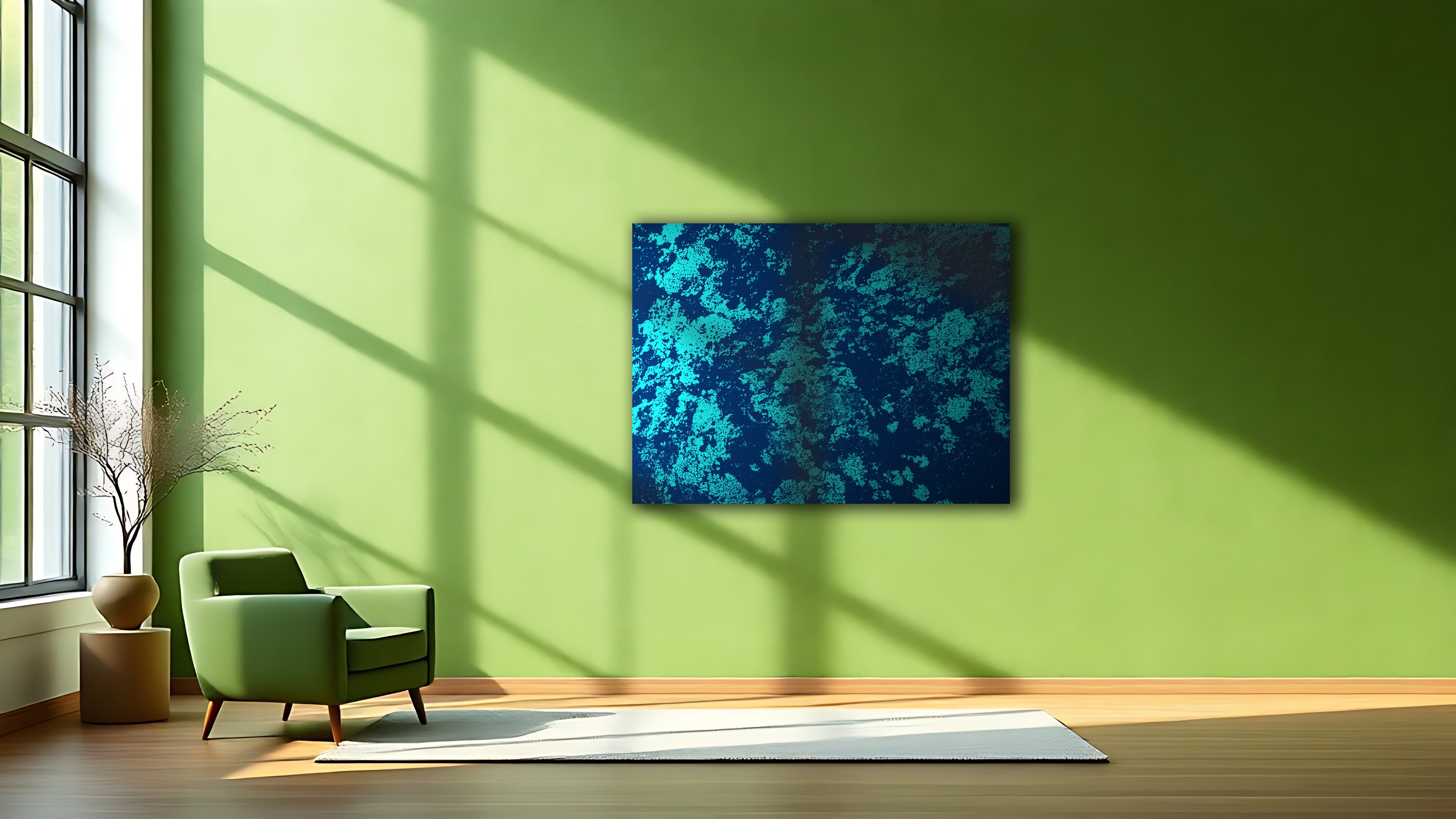 Lichen canvas print featuring aqua lichens on blue background, hanging above armchair in modern living room.