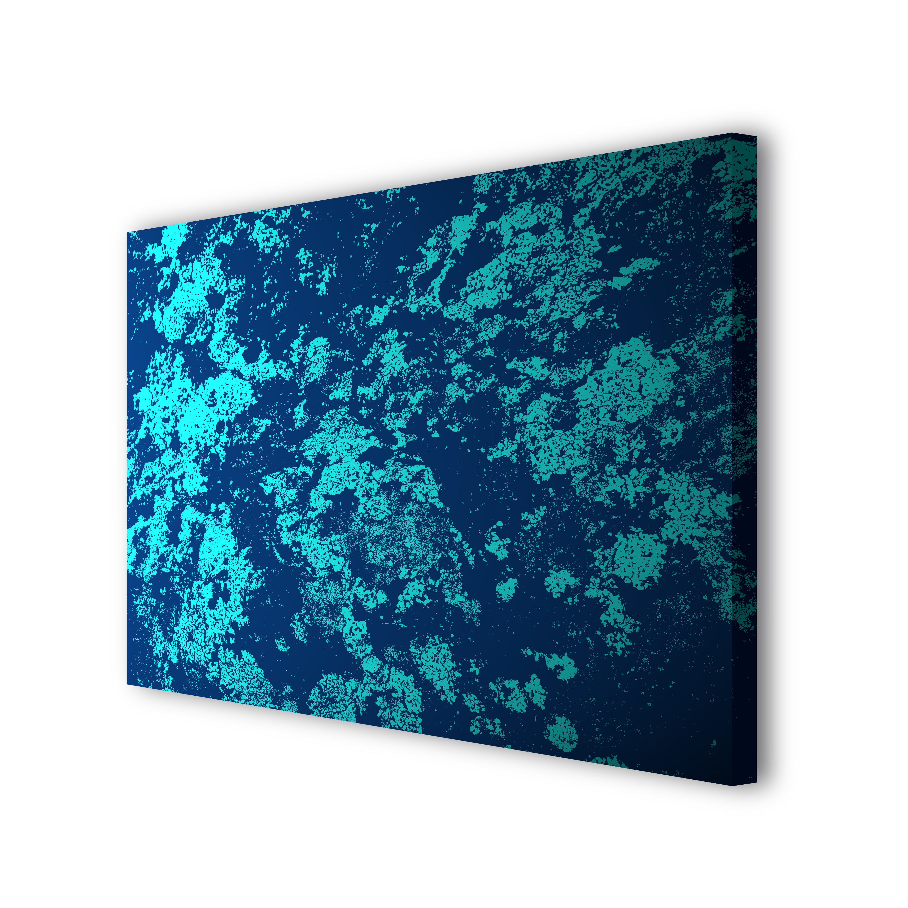 Lichen canvas print on white background featuring aqua lichens on blue background, side view showing edges and depth.