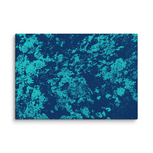 Lichen canvas print on white background featuring aqua lichens on blue background, front view.