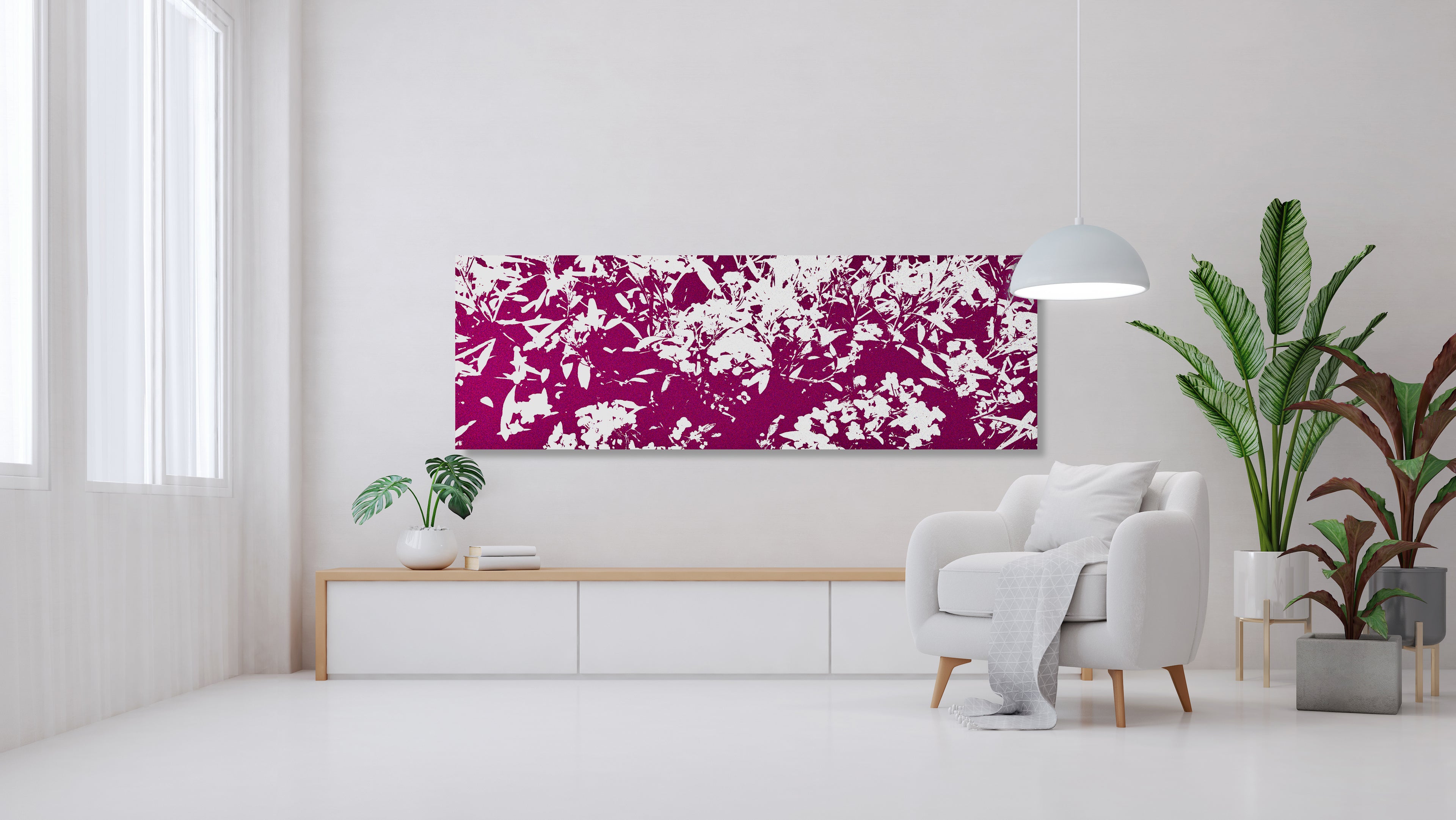 Lobularia Maritima canvas print on white background featuring a white sweet Alyssum with purple shades, hanging above armchair in modern living room.