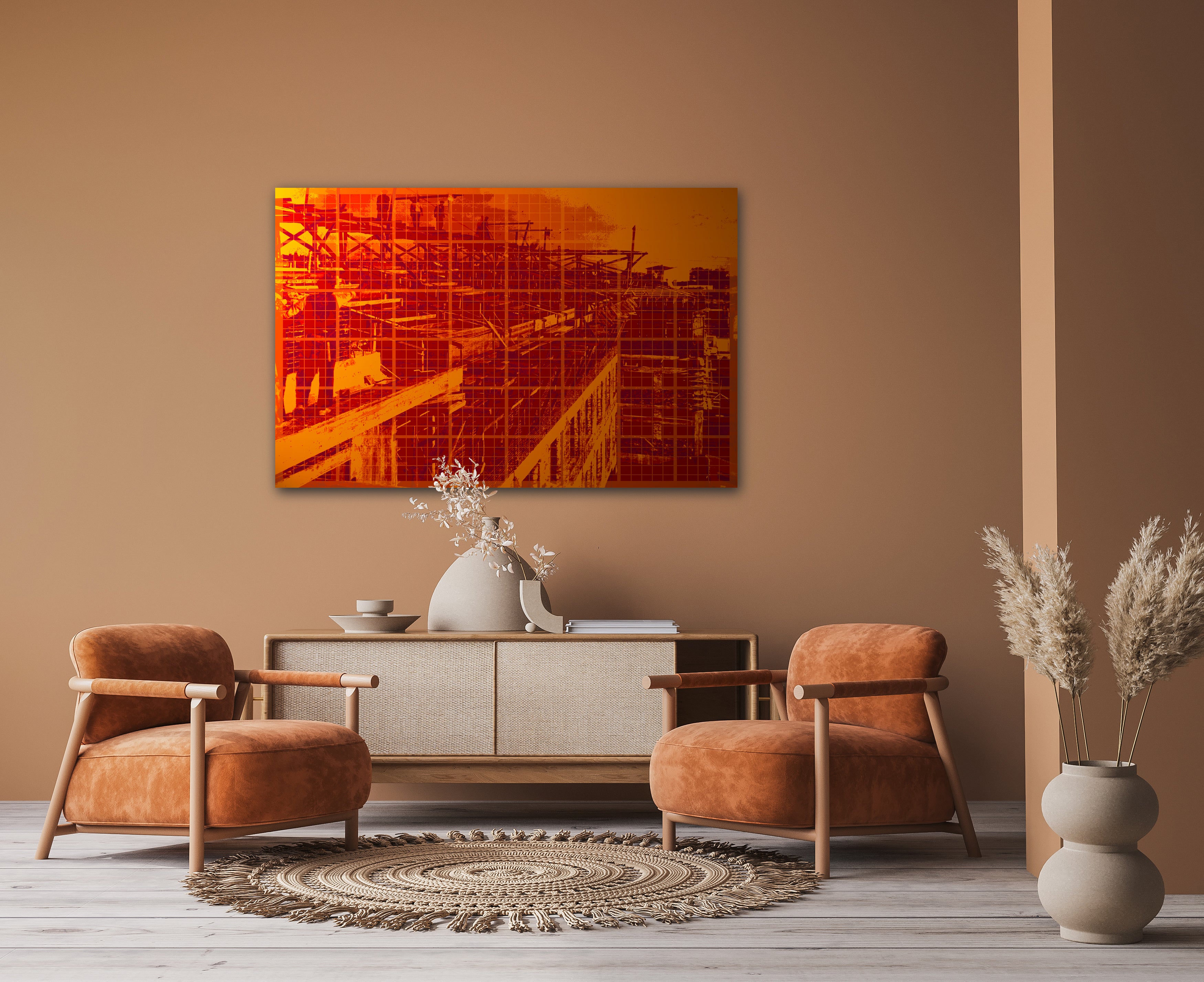 Opera canvas print on white background featuring scaffoldings around a building in orange shade, hanging above cabinet in modern living room.