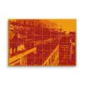 Opera canvas print on white background featuring scaffoldings around a building in orange shades, front view.