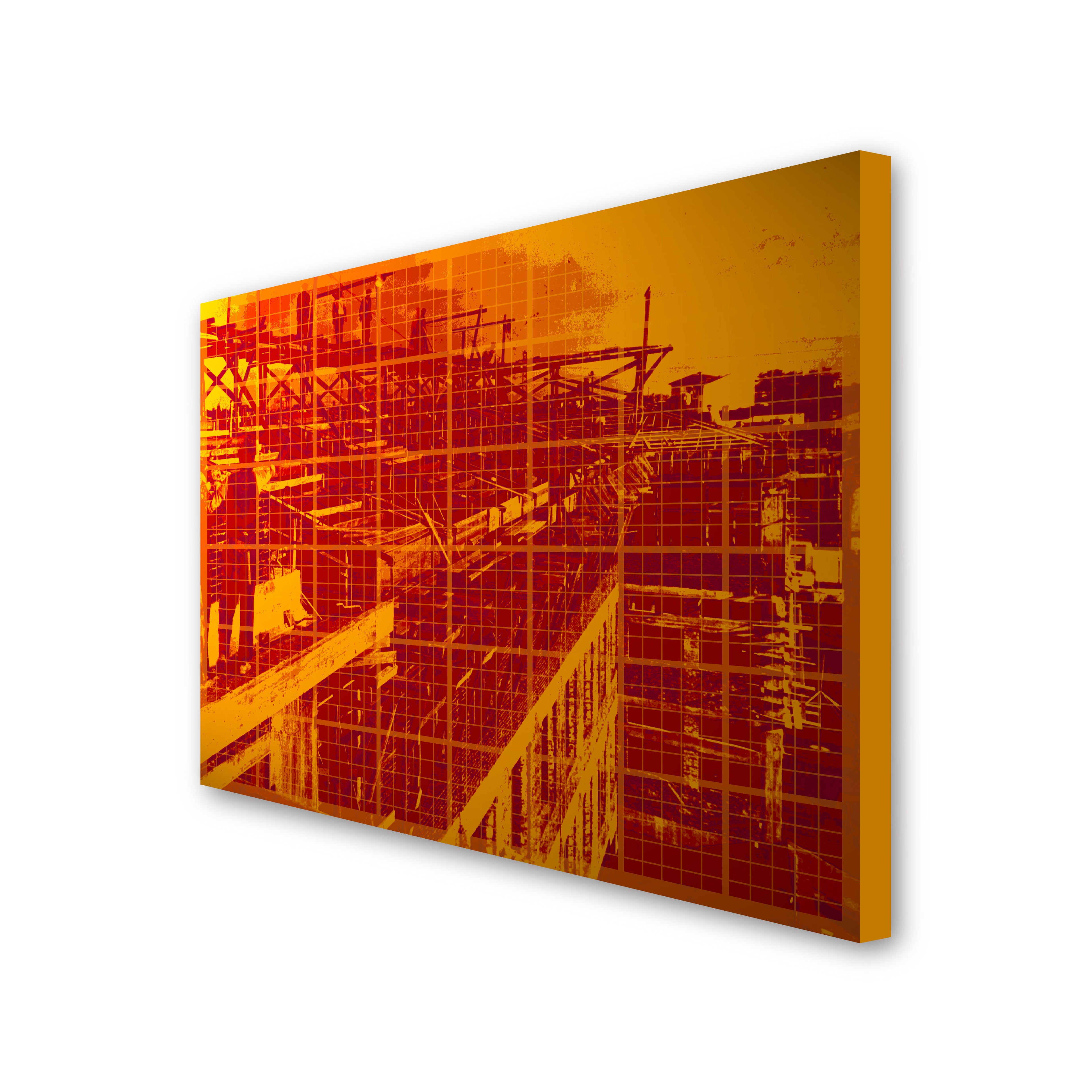 Opera canvas print on white background featuring scaffoldings around a building in orange shades, side view showing edges and depth.
