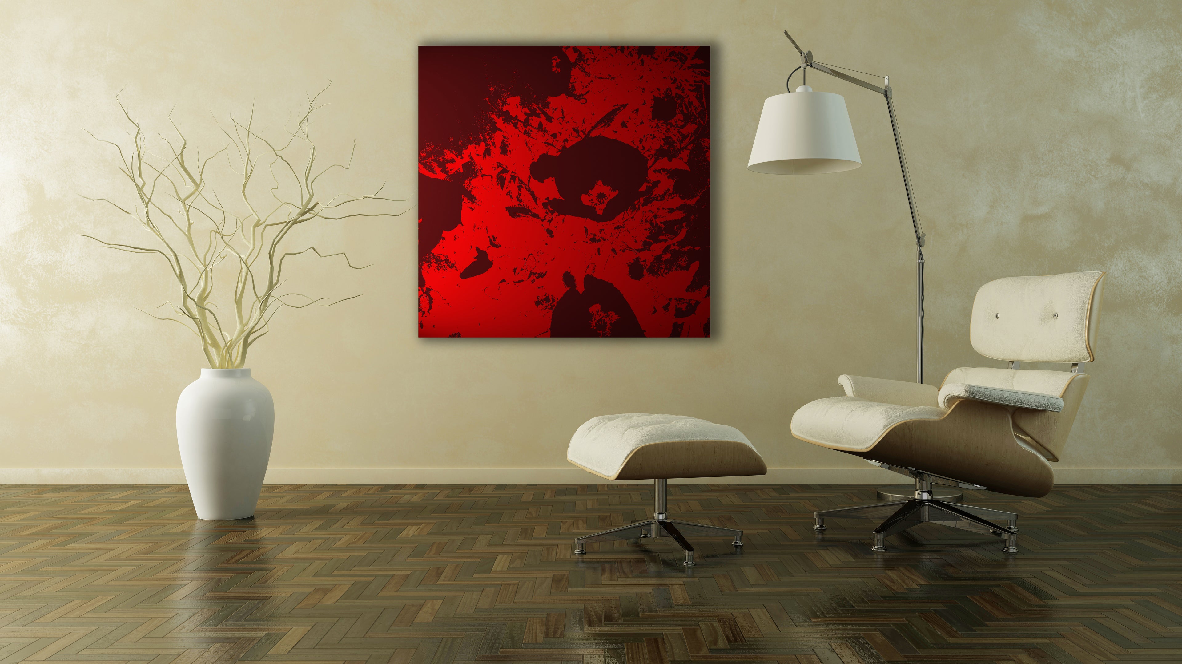 Papaver canvas print featuring a poppy flower in shades of black, hanging above armchair in modern living room.