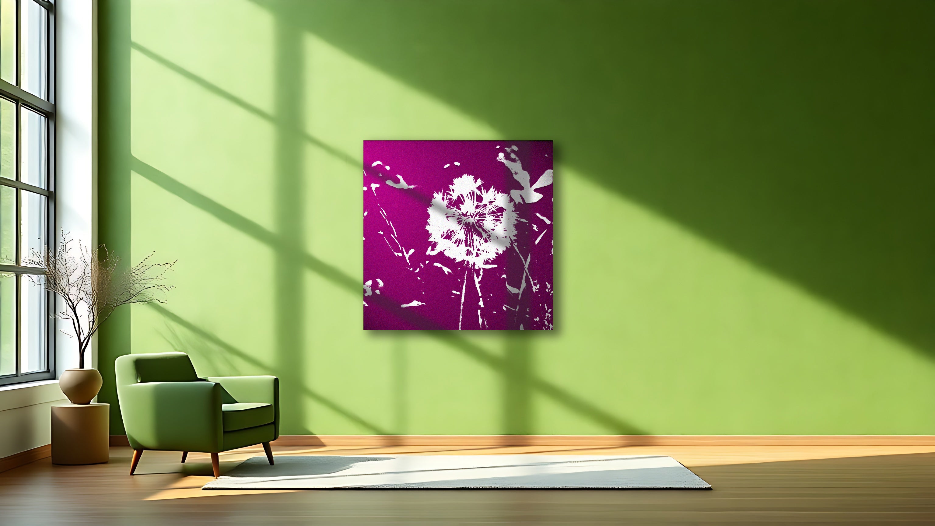 Taraxum canvas print featuring a white dandelion on purple background, hanging above armchair in modern living room.