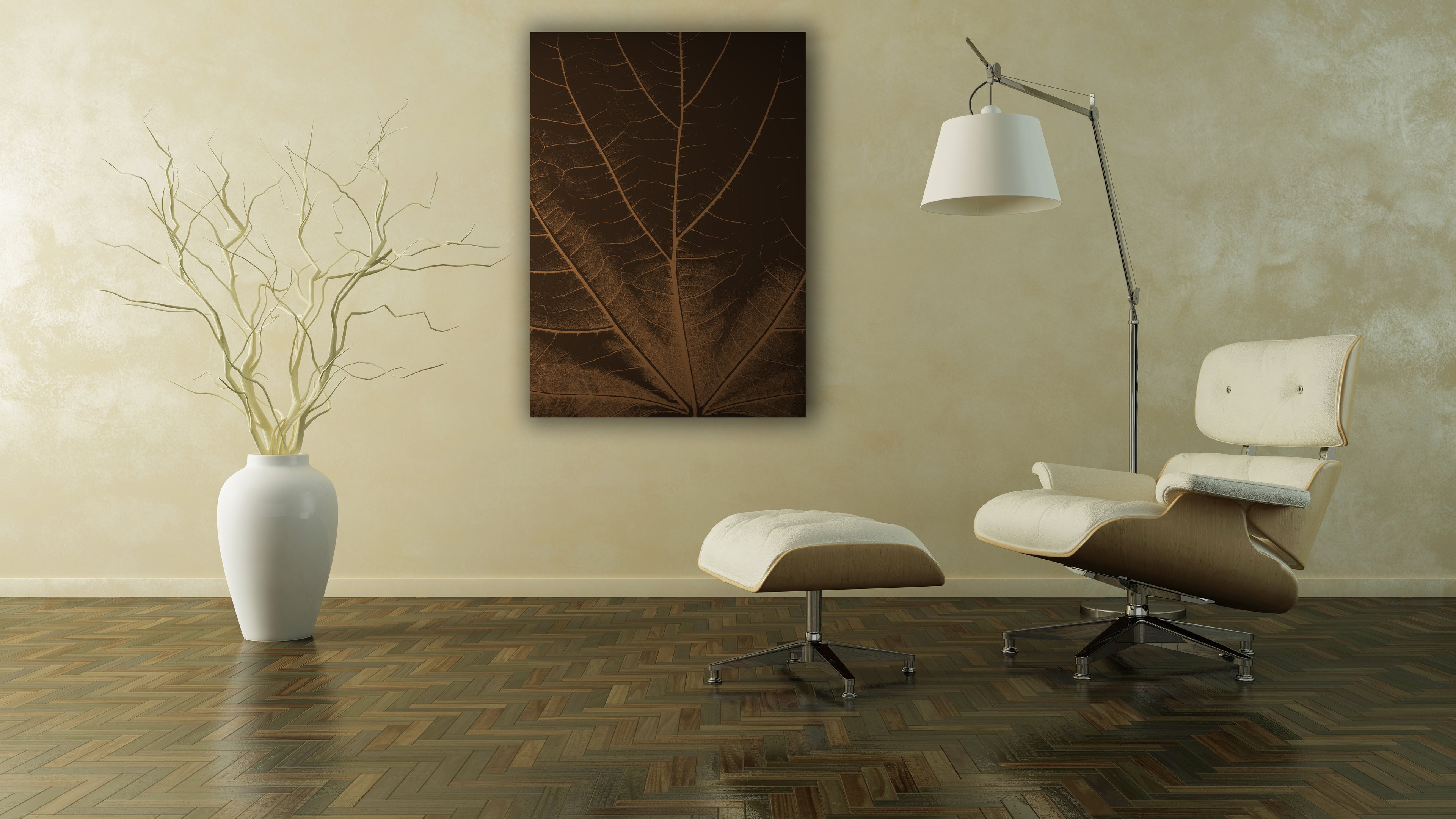 Tilia canvas print featuring a brown leaf with detailed veins, hanging above armchair in modern living room.